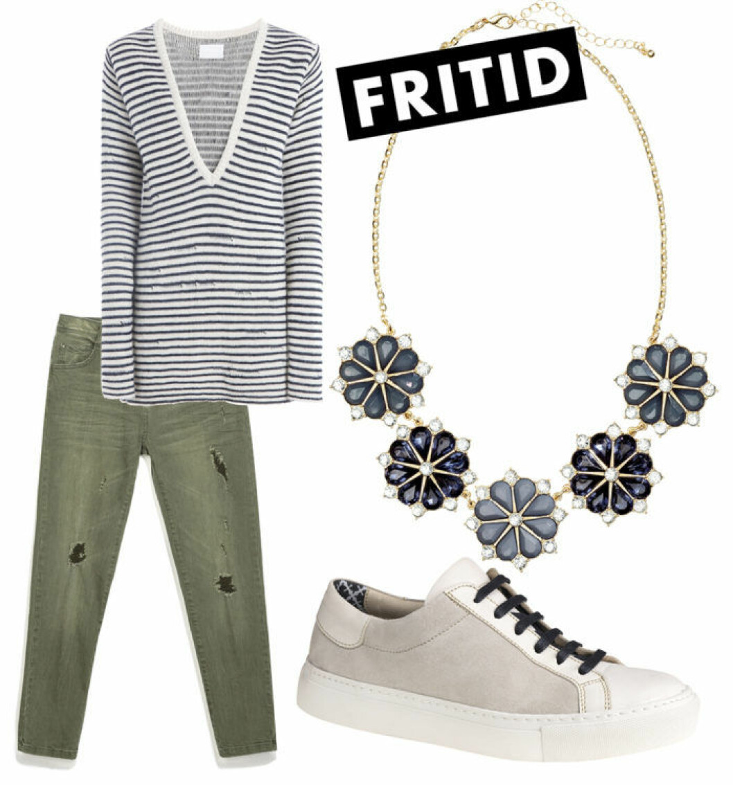 Glittrande halsband, 99 kr, <a href="http://www.hm.com/se/" target="_blank">H&M</a>.<br>Stickad tröja i ull/akryl, S–XL, ca 2 500 kr, <a href="http://www.zadig-et-voltaire.com/eu/fr/?redirected=true" target="_blank">Zadig & Voltaire</a>.<br>Jeans i bomull/elastan, stl 34–42, 399 kr, <a href="http://www.zara.com/se/sv/rea-c643501.html?" target="_blank">Zara</a>.<br>Sneakers i skinn, 1 999 kr, <a href="http://www.bymalenebirger.com/" target="_blank">By Malene Birger</a>. Glittrande halsband, 99 kr, H&M. Stickad tröja i ull/akryl, S–XL, ca 2 500 kr, Zadig & Voltaire. Jeans i bomull/elastan, stl 34–42, 399 kr, Zara. Sneakers i skinn, 1 999 kr, By Malene Birger.