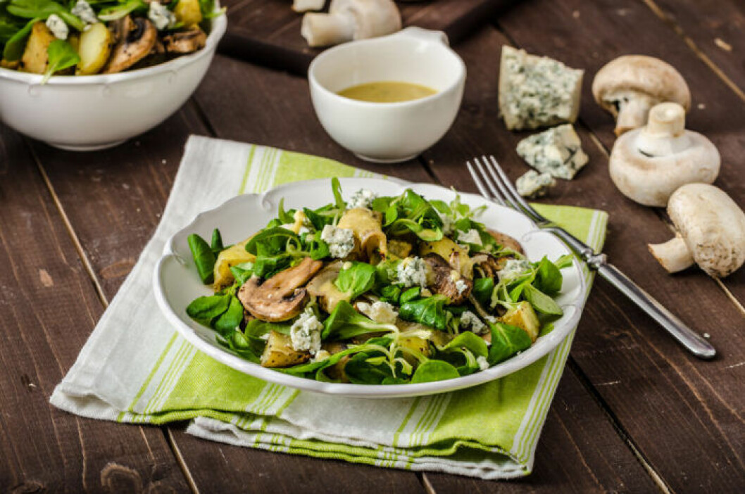 Passa på att använda svampen när det är säsong. Sallad med champinjoner.