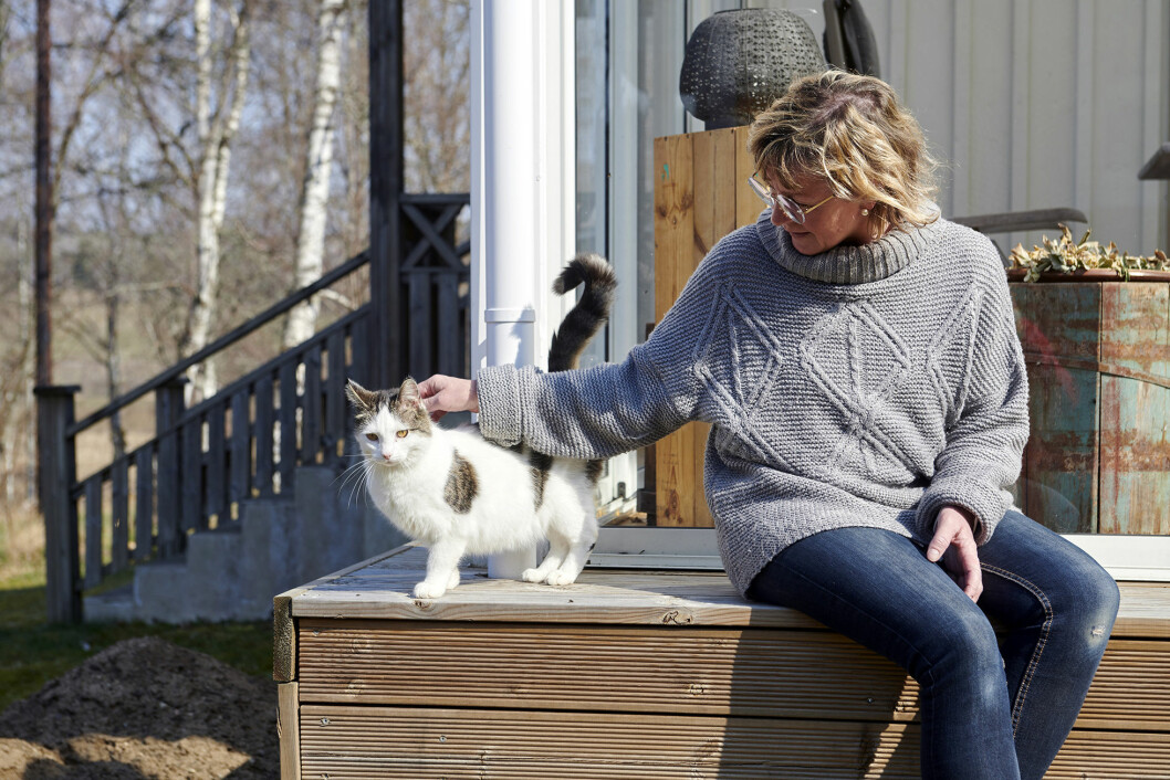 ”Carola var sämre än jag och var periodvis så dålig att hon mer eller mindre bodde på sjukhuset”, säger Sussi här med katten Bollis. Sussi pratar om systern som dog i cystisk fibros och klappar om sin katt Bollis