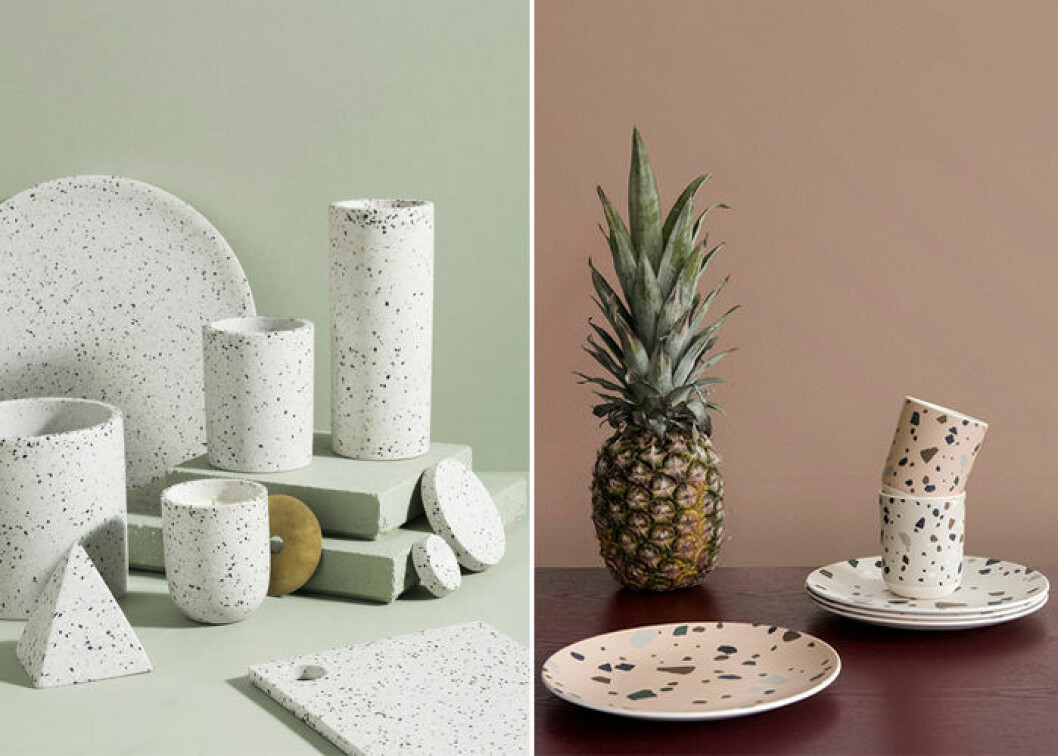 Foto via: <a href="https://www.emaanhome.com/products/terrazzo-dimple-tray-large-snow" target="_blank" rel="noopener">Zakkia Homewares</a> & <a href="https://www.fermliving.com/webshop/shop/news-kids-aw17/bamboo-cup-terrazzo-rose.aspx" target="_blank" rel="noopener">Ferm Living</a> Låt porslinet inspireras av terrazzomönstret