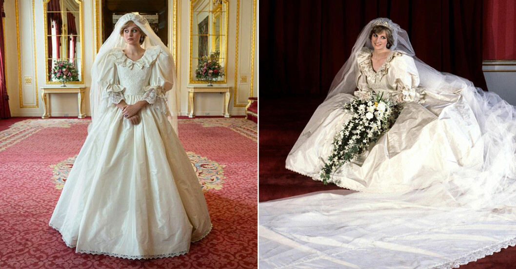 Diana i bröllopsklänning i verkligheten och The Crown