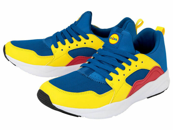 Lidls skor från 2020 i färgerna gult, blått och rött