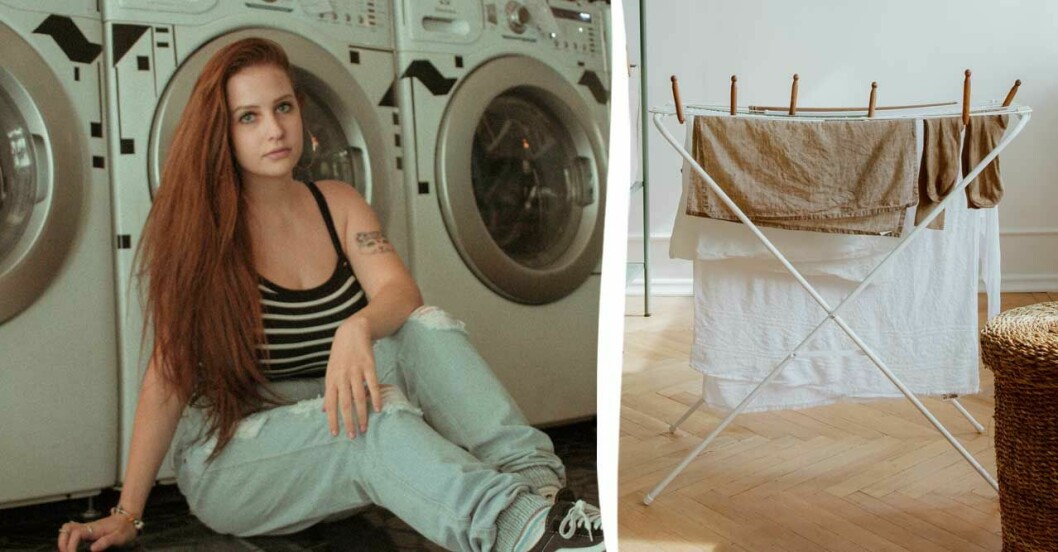 kvinna tvättar torkställ