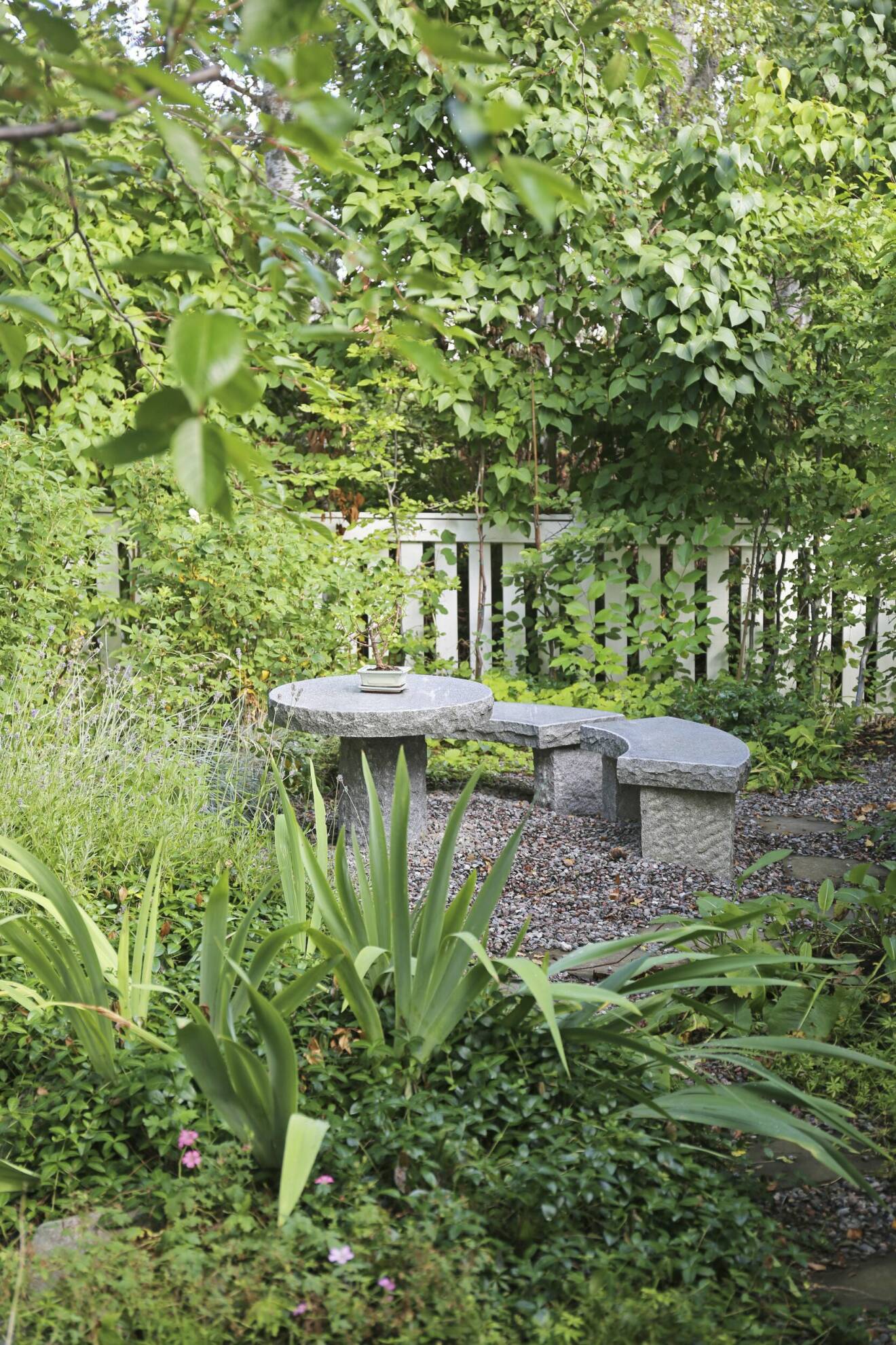 Trädgården rymmer flera sittplatser som omgärdas av prunkande rabatter.