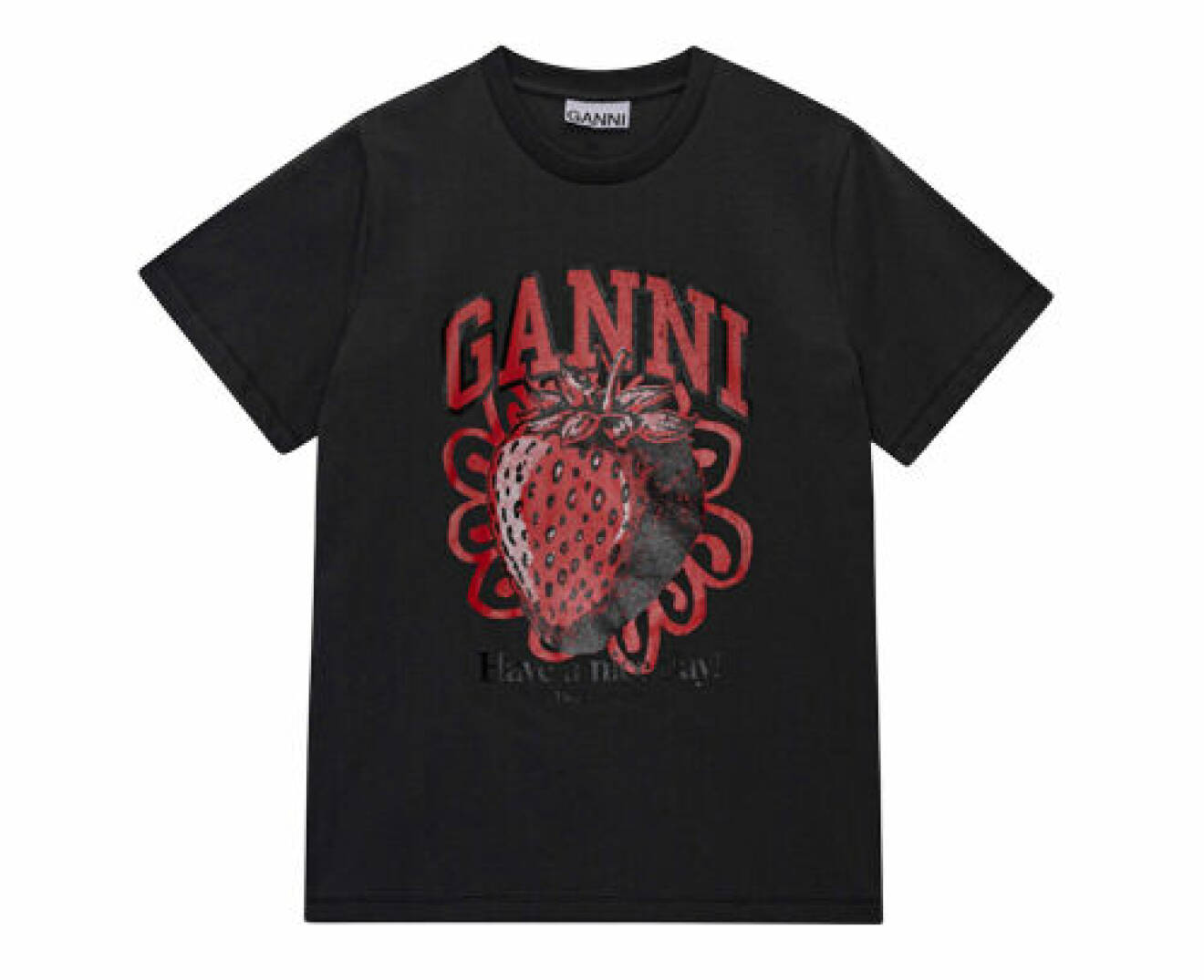 Svart t-shirt med rött jordgubbstryck för dam från Ganni