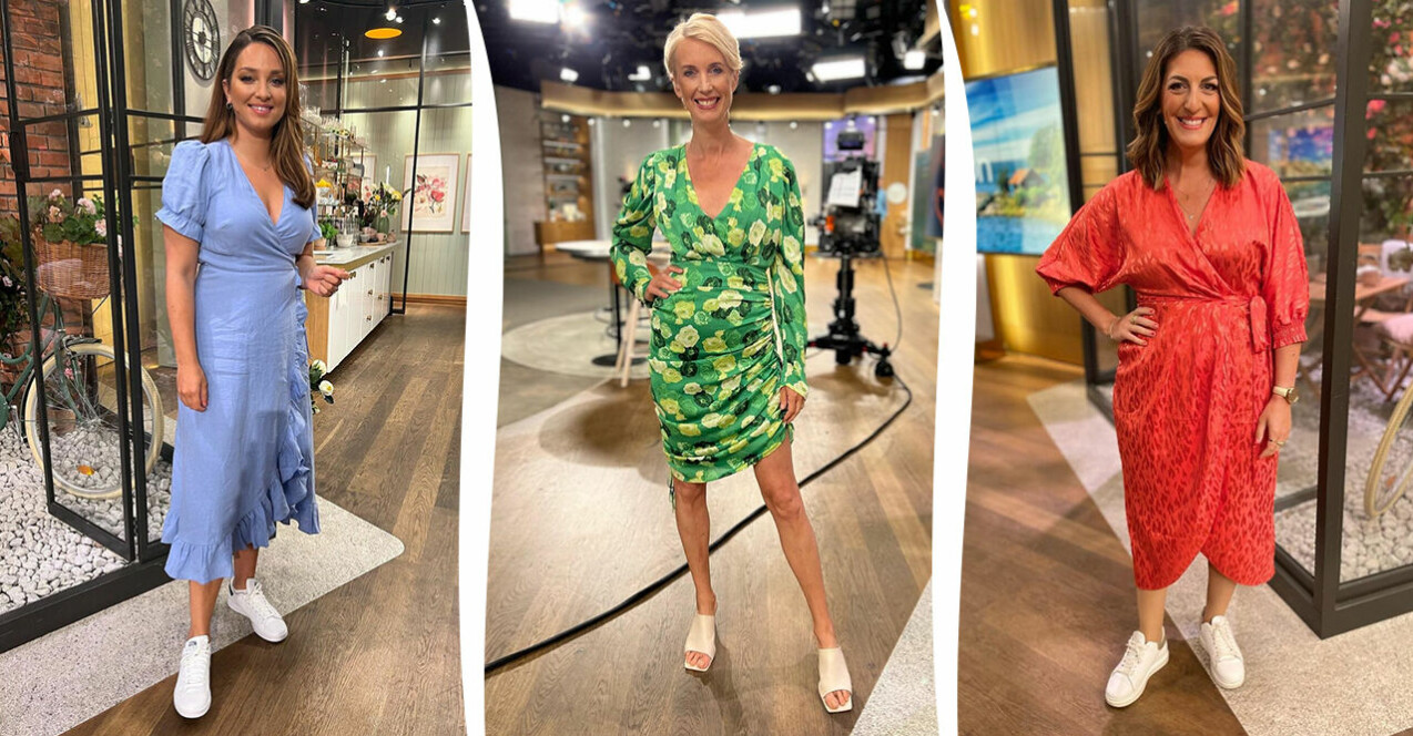 Matilda Boza i blå klänning, Jenny Strömstedt i grön blommig klänning och Soraya Lavasani i röd klänning i TV4 Nyhetsmorgon