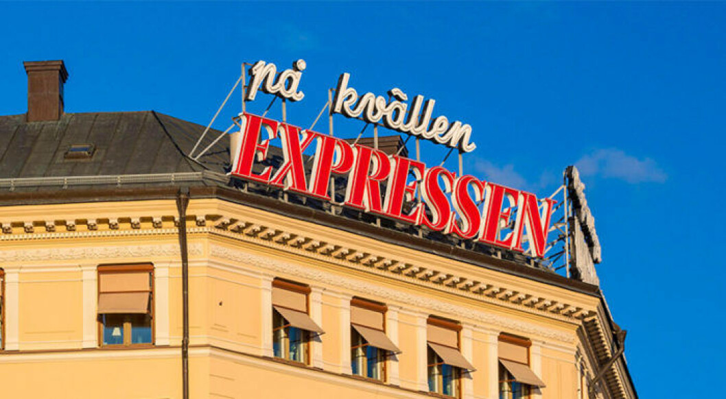 Expressens logga på toppen av deras redaktionshus.