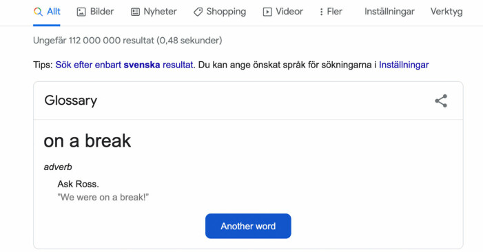 En googling på Friends Glossary bjuder på en speciell ordlista. Klicka på bilden för att komma direkt till Google. Skärmdump på Vänners ordlista