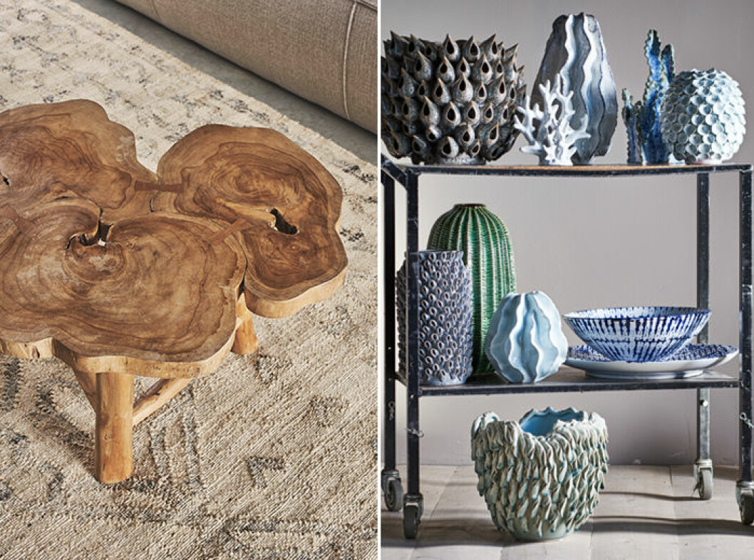 Två av årets stora trender; det skulpturala soffbordet och vaserna som ser ut att vara hittade på havets botten. | Foto: Zara Home & Jotex Skulpturalt soffbord från Zara Home och havsinspirerade vaser från Jotex