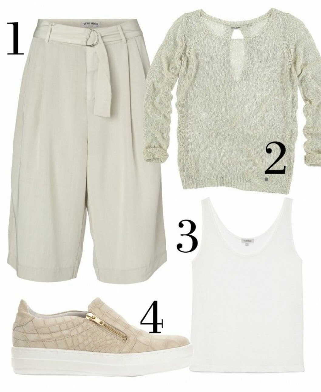 1. Vida korta byxor, 400 kr, Vero Moda.<br>2. Stickad tröja, 599 kr, Garcia Jeans.<br>3. Linne, 600 kr, Totême.<br>4. Skinnsneakers, 999 kr, K.Cobler. 1. Vida korta byxor, 400 kr, Vero Moda. 2. Stickad tröja, 599 kr, Garcia Jeans. 3. Linne, 600 kr, Totême. 4. Skinnsneakers, 999 kr, K.Cobler.