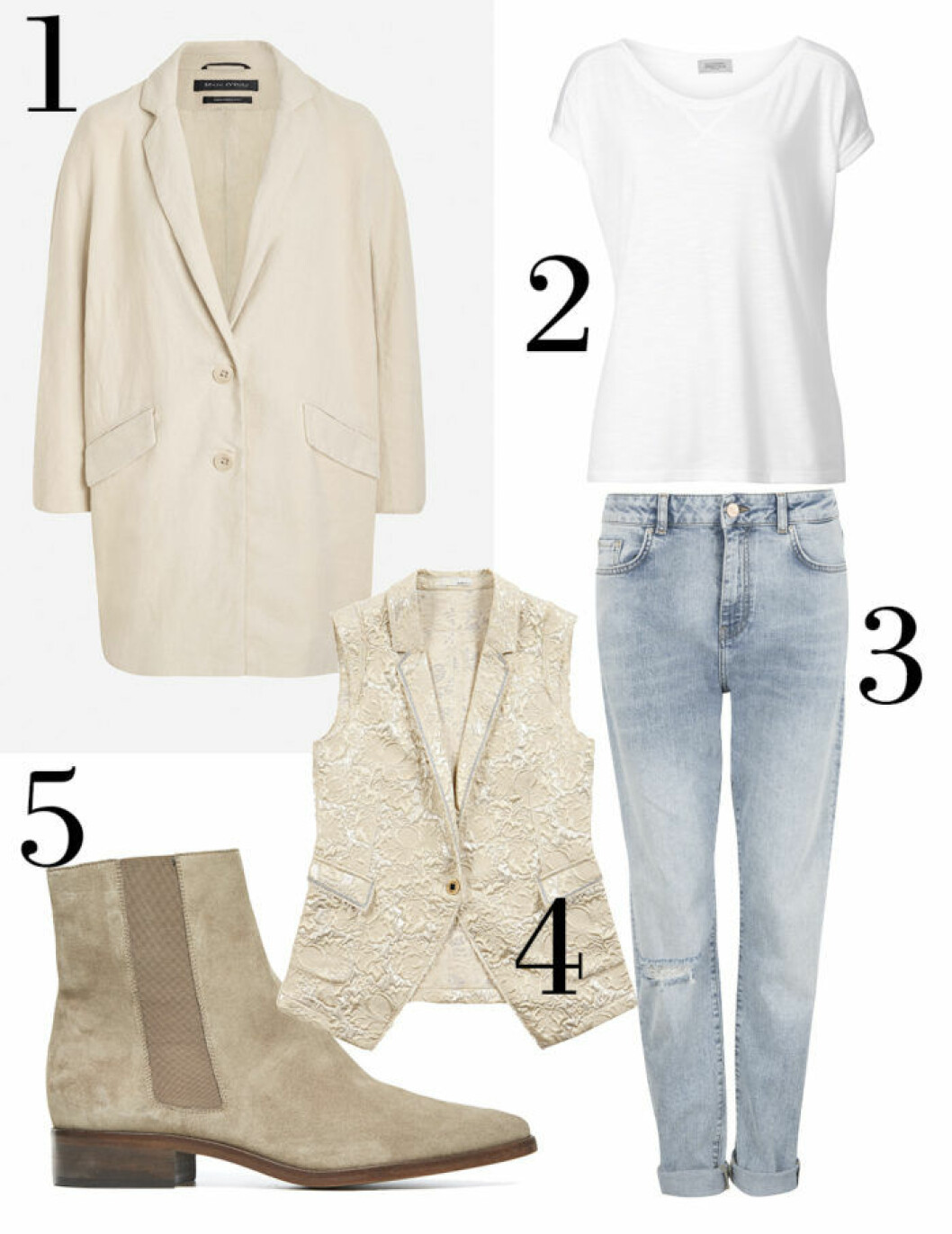 1. Blazer i oversizemodell, 3 299 kr Marc´O Polo. <br>2. T-shirt, 799 kr, Hunky Dory.<br>3. Jeans med slitningar, 599 kr, Bik Bok.<br>4. Broderad väst, 3499 kr, We are Replay.<br>5. Mockaboots, 3 200 kr, Hope. 1. Blazer i oversizemodell, 3 299 kr Marc´O Polo. 2. T-shirt, 799 kr, Hunky Dory. 3. Jeans med slitningar, 599 kr, Bik Bok. 4. Broderad väst, 3499 kr, We are Replay. 5. Mockaboots, 3 200 kr, Hope.