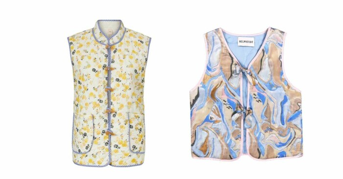Till vänster: Väst i bomull, S–L, 1099 kr, Beck Söndergaard. Till höger: Väst i siden, XS–XL, 2 600 kr, Helmstedt. Vårvästar från Beck Söndergaard och Helmstedt.