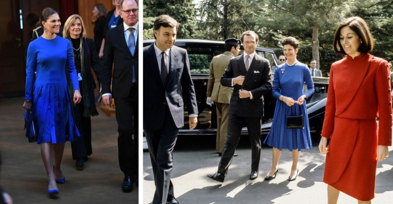 Till vänster: Kronprinsessan Victoria i kleinblå klänning. Till höger: Drottning Silvia i samma blå klänning, 34 år tidigare.