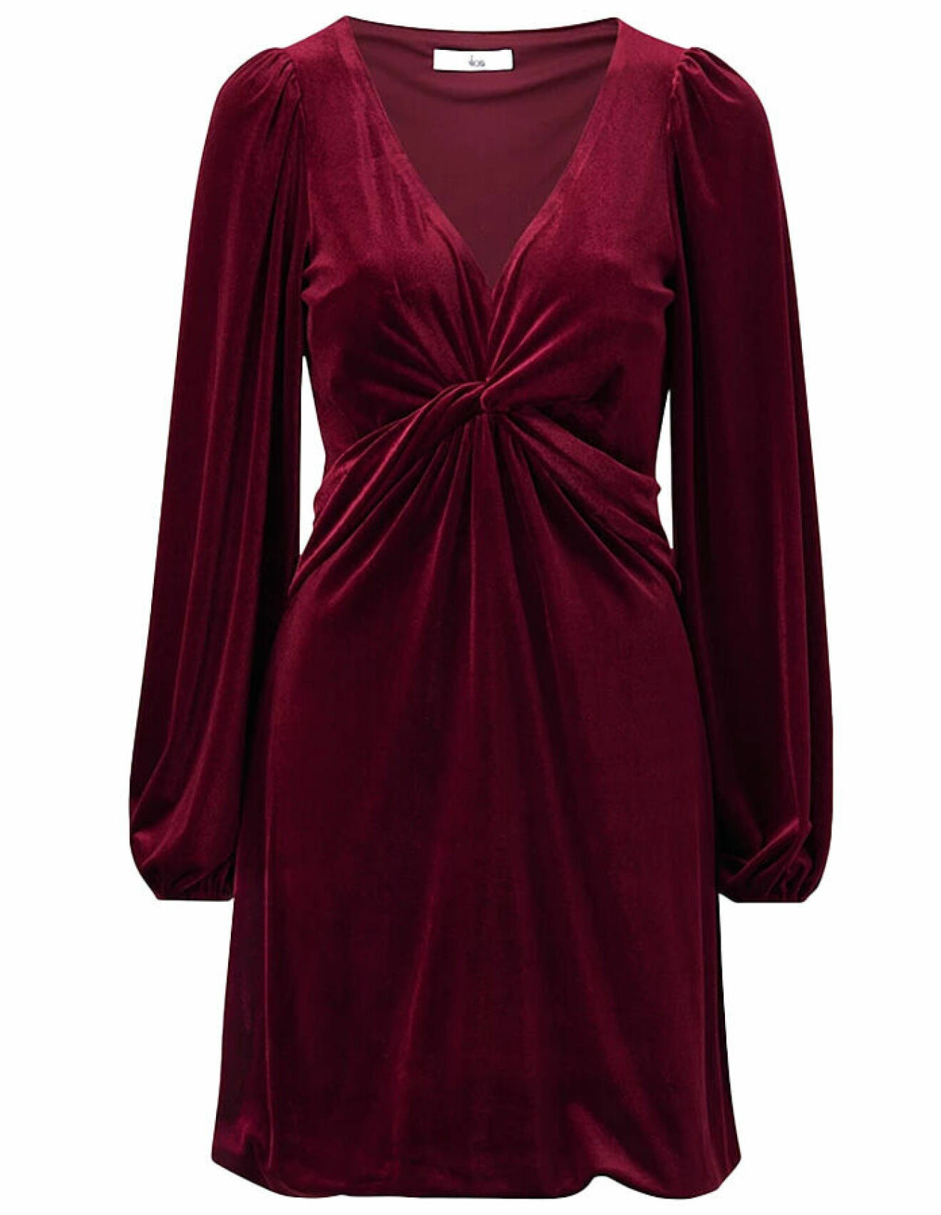 vinröd sammetsklänning med knytdetalj framtill och långa ärmar