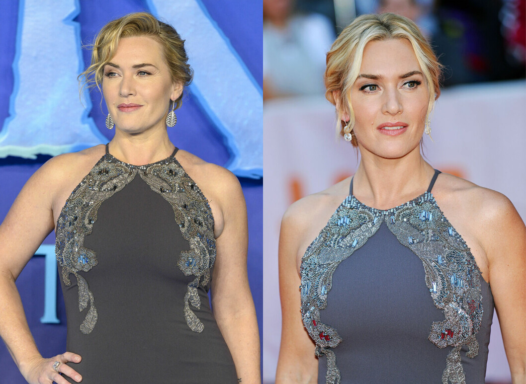 Fr.v. Kate Winslet på premiären av <span class=" italic" data-lab-italic_desktop="italic">Avatar: The Way of the Water</span> år 2022, Kate Winslet på premiären av <span class=" italic" data-lab-italic_desktop="italic">The Dressmaker</span> år 2015. Kate Winslet 2022 vs 2015.