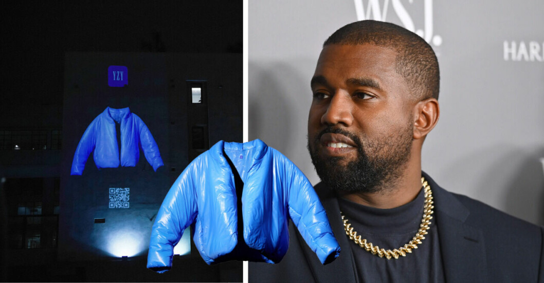 Kanye West märke Yeezy gör samarbete med klädkedjan Gap. Foto: TT. Kenye West och bild på hans första samarbete med Gap. Första plagget var en koboltblå, puffig jacka.