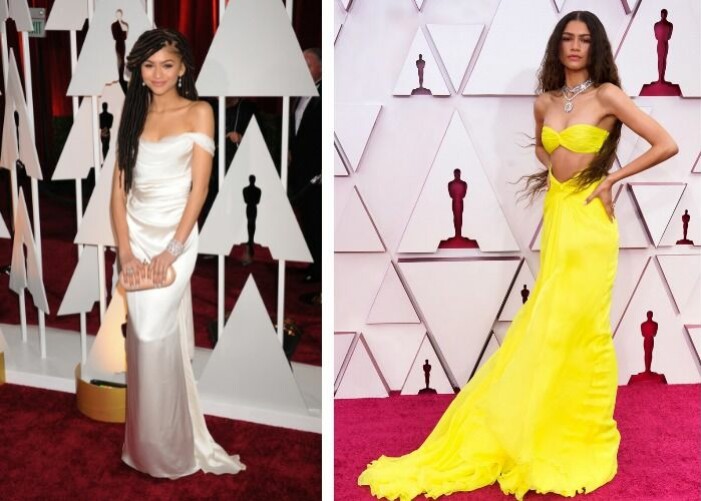 Zendaya 2015 vs. 2021. Till vänster: Zendaya i vit klänning på sin första Oscarsgala och till höger i knallgul långklänning på Oscarsgalan 2021.